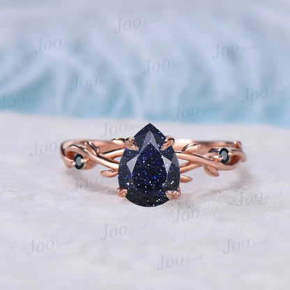 1.25ct Pear Twig Blue Sandstone Ring Set Nature Inspired Galaxy Starry Sky Blue Goldstone Engagement Ring Black Gemstone Ring Proposal Gift