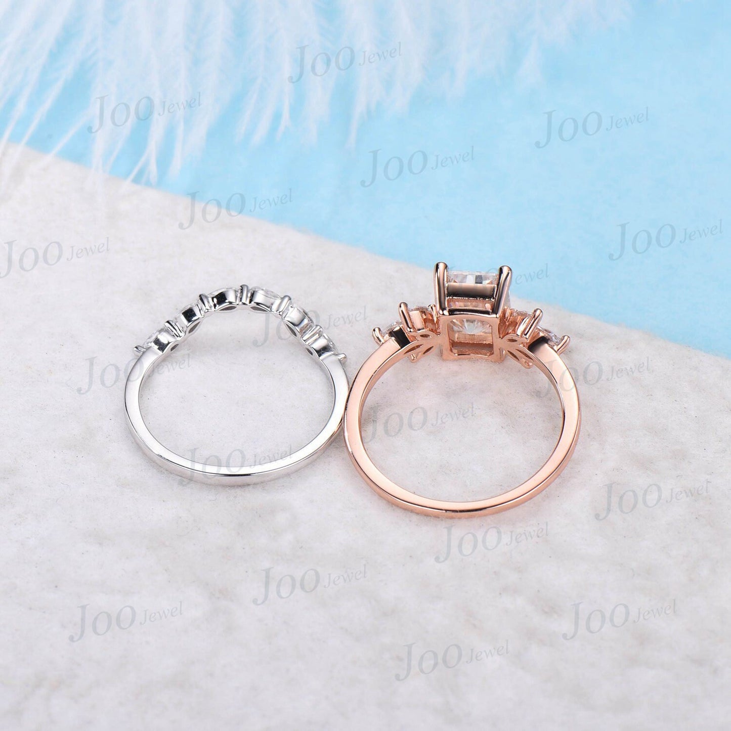 2ct Emerald Cut Galaxy Blue Sandstone Ring Set 10K Rose Gold Blue Gemstone Jewelry Pear Moissanite Curve Band Personalized Promise Gifts