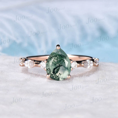 1.25ct Pear Natural Moss Agate Promise Ring Set Green Gemstone Jewelry Half Eternity Curve Moissanite Wedding Band Nature Moss Bridal Set