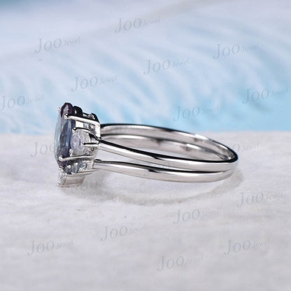 Alexandrite Moonstone Ring Vintage Alexandrite Engagement Ring Set White Gold Oval Cut Ring Unique Promise Ring Set Wedding Anniversary Gift