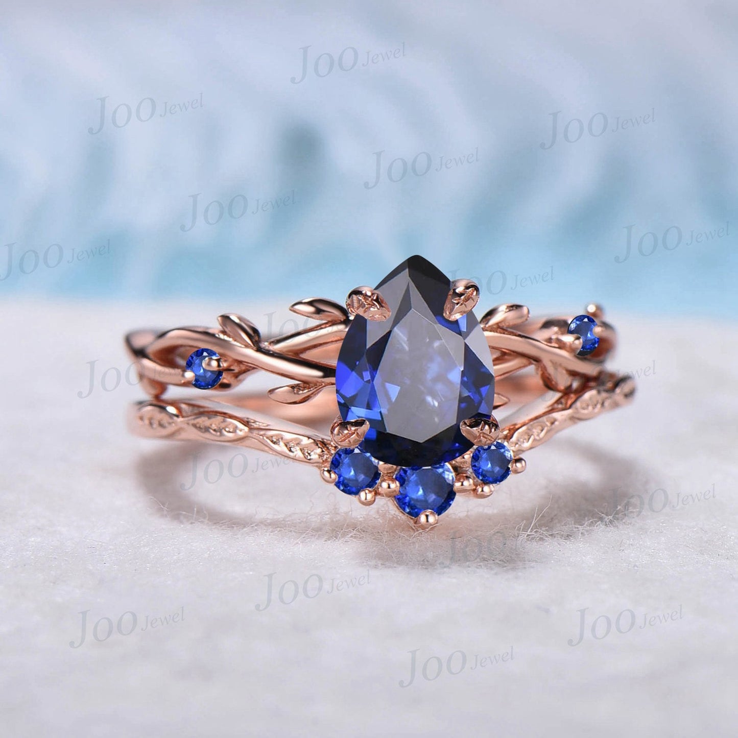 1.25ct Pear Royal Blue Sapphire Engagement Ring Set Rose Gold Twig Nature Inspired Blue Sapphire Bridal Set Twisted Leaf Branch Ring Vintage