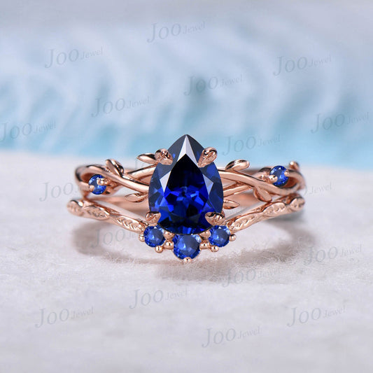 1.25ct Pear Royal Blue Sapphire Engagement Ring Set Rose Gold Twig Nature Inspired Blue Sapphire Bridal Set Twisted Leaf Branch Ring Vintage