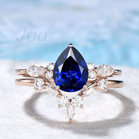 Vintage sapphire engagement ring set white gold ring set for women unique anniversary ring set marquise ring set blue stone ring jewelry