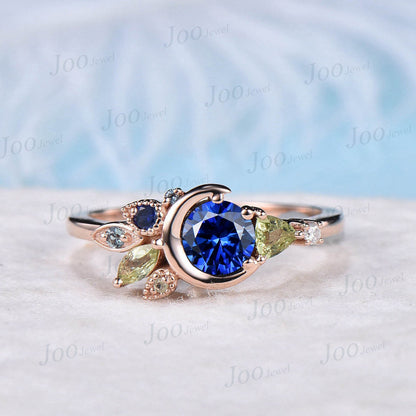 Round Blue Sapphire Engagement Ring Unique Crescent Moon Wedding Ring Personalized Milgrain Multi-Birthstone Peridot Cluster Promise Rings