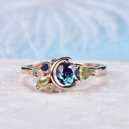 Unique Round Alexandrite Ring Moon Wedding Ring Celestial Engagement Rings Custom Multi-Birthstone Cluster Peridot Blue Sapphire Family Ring