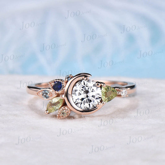 Unique Round Moissanite Diamond Ring Celestial Moon Engagement Rings Personalized Multi-Birthstone Cluster Peridot Blue Sapphire Family Ring