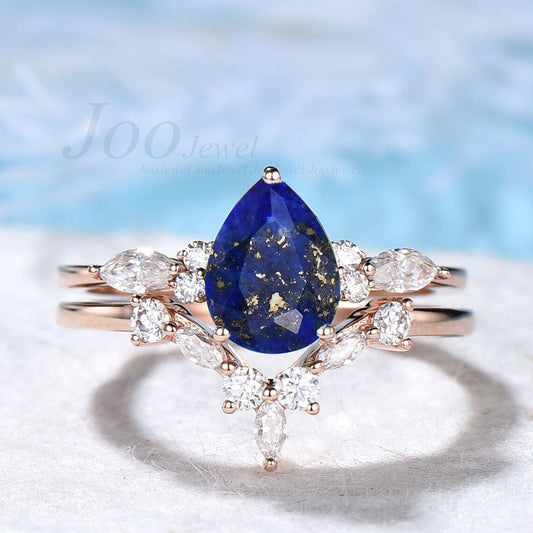 1.25ct Teardrop Natural Blue Lapis Lazuli Engagement Ring Set Sterling Silver Lapis Gold Bridal Set Blue Gemstone Lapis Jewelry Promise Ring