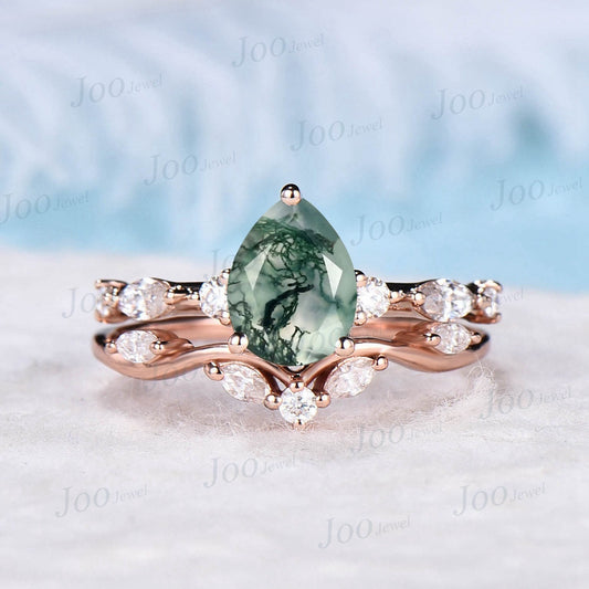 1.25ct Pear Natural Moss Agate Promise Ring Set Green Gemstone Jewelry Half Eternity Curve Moissanite Wedding Band Nature Moss Bridal Set