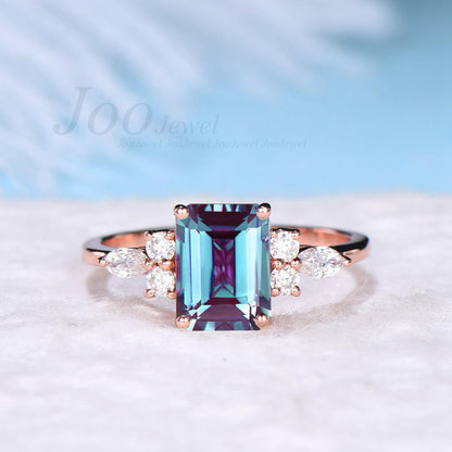2ct Emerald Alexandrite Ring Cluster Engagement Ring Rose Gold Lab Diamond Ring June Birthstone Color Change Stone Wedding Anniversary Gift