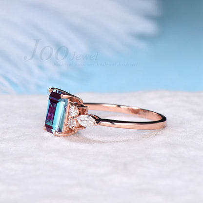 2ct Emerald Alexandrite Ring Cluster Engagement Ring Rose Gold Lab Diamond Ring June Birthstone Color Change Stone Wedding Anniversary Gift