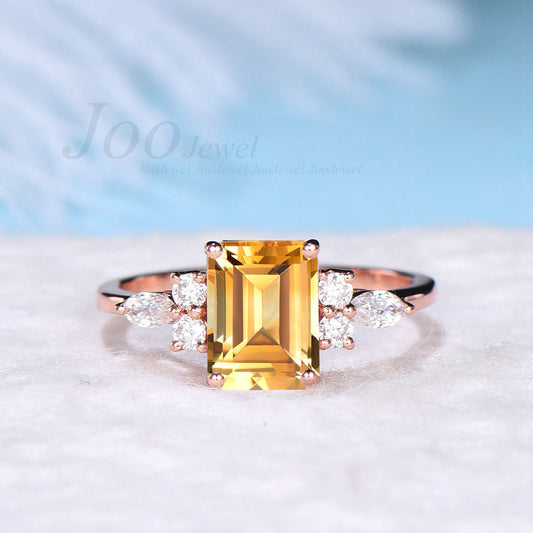 Emerald Cut Natural Citrine Ring Vintage 2ct Citrine Wedding Ring Sterling Silver Gold Citrine Engagement Ring November Birthstone Jewelry