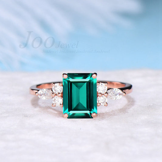 Sterling Silver Dainty 2ct Emerald Cut Green Emerald Promise Ring Vintage Green Gemstone May Birthstone Unique Birthday/Anniversary Gifts