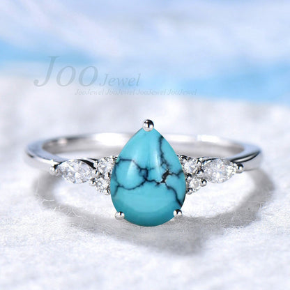 Pear Natural Turquoise Engagement Ring Women Boho Style Sterling Silver Antique Turquoise Ring December Birthstone Green Gemstone Jewelry