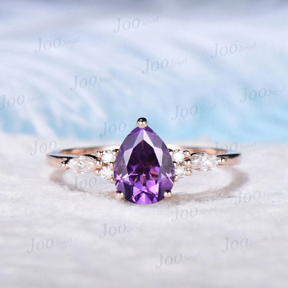 Teardrop Amethyst Promise Ring Rose Gold Silver 1.25ct Pear Natural Amethyst Crystal Wedding Ring Unique February Birthstone Birthday Gift