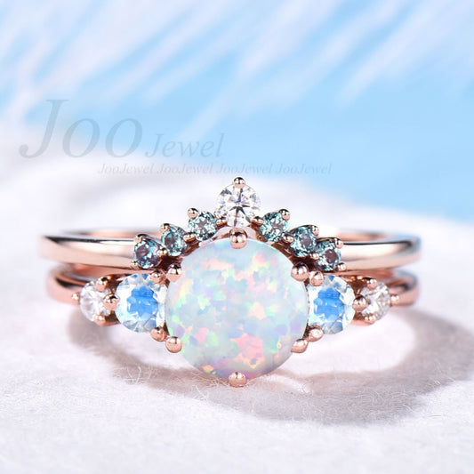 7mm Round White Opal Engagement Ring Vintage 10K Rose Gold Moonstone Wedding Ring Alexandrite Wedding Band Unique October Birthstone Gift