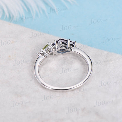 Dainty Kite Alexandrite Wedding Ring Three Stone Engagement Ring Vintage 10K Rose Gold Alexandrite Moissanite Ring Minimalist Promise Ring