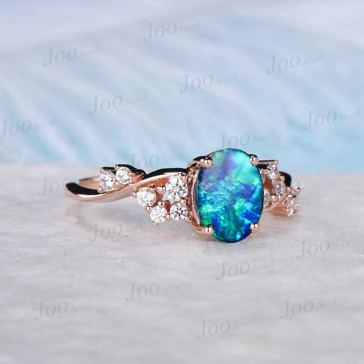 1.5ct Oval Blue Opal Engagement Ring Vintage Rose Gold Cluster Moissanite Wedding Ring Anniversary Gift Galaxy Blue Fire Opal Promise Rings