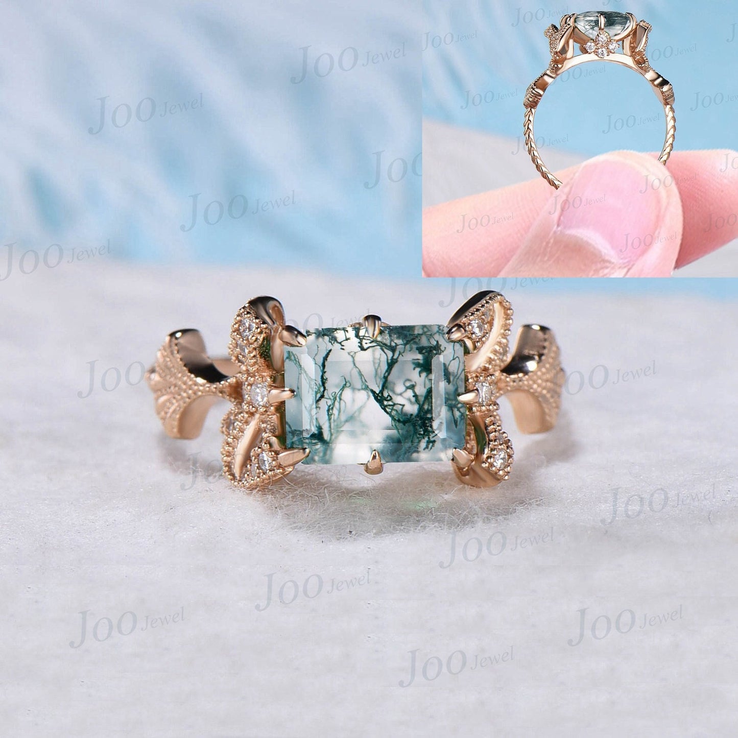 Nature Inspired Green Moss Agate Engagement Ring Ginkgo Biloba Leaf Ring 10K Gold Ginkgo Jewelry Bow Tie Moissanite West East Wedding Rings