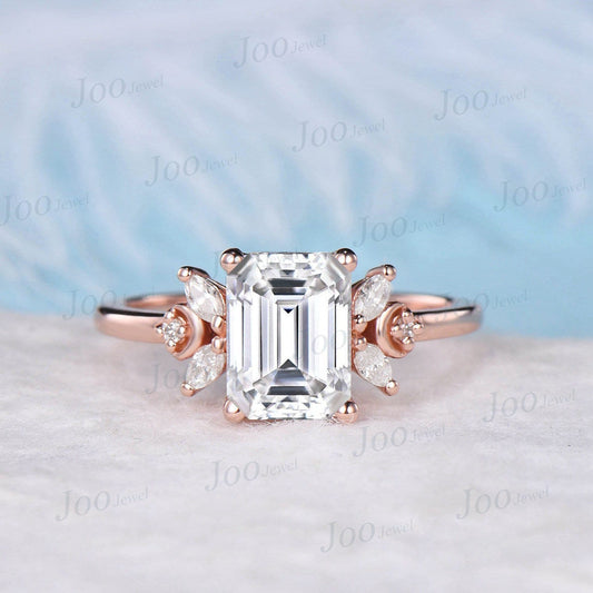 2ct Emerald Cut Moissanite Ring Unique Moissanite Diamond Crescent Moon Engagement Ring April Birthstone Cluster Ring Anniversary Gift Women