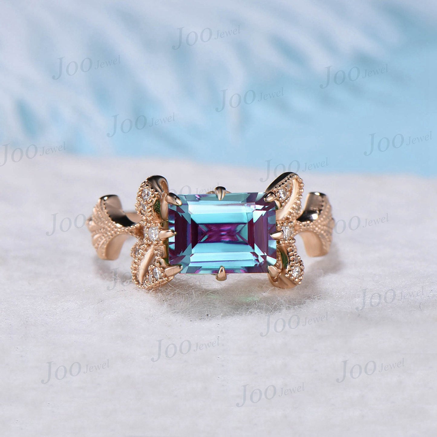 Nature Inspired 2ct Emerald Cut East West Alexandrite Engagement Ring Ginkgo Biloba Leaf Ring 10K Gold Ginkgo Jewelry Bow Tie Promise Ring