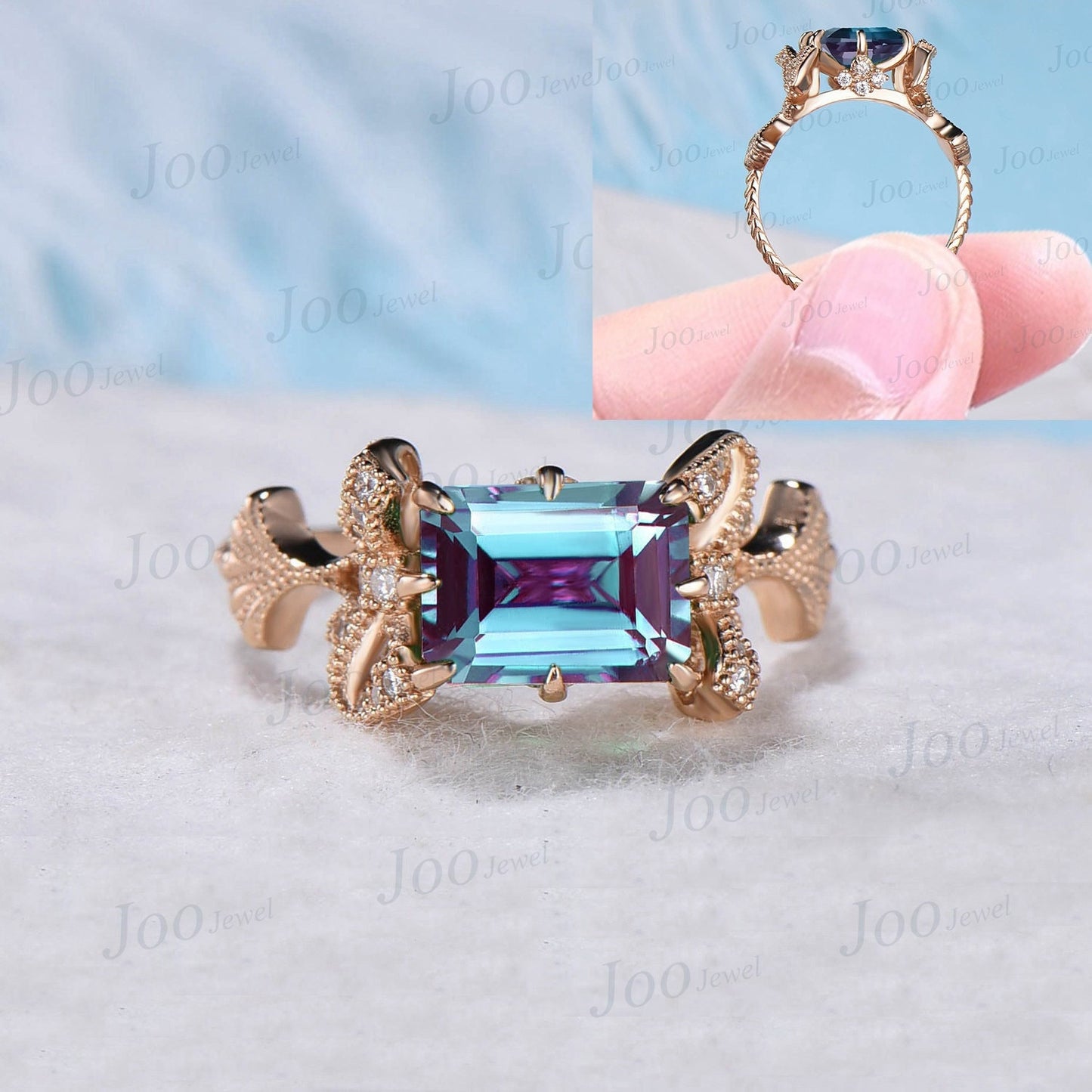 Nature Inspired 2ct Emerald Cut East West Alexandrite Engagement Ring Ginkgo Biloba Leaf Ring 10K Gold Ginkgo Jewelry Bow Tie Promise Ring