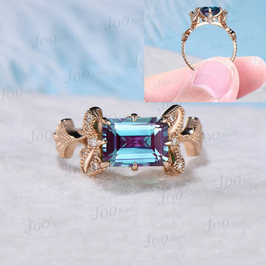 Nature Inspired 2ct Emerald Cut East West Alexandrite Engagement Ring Ginkgo Biloba Leaf Ring 10K Gold Ginkgo Jewelry Bow Tie Promise Ring