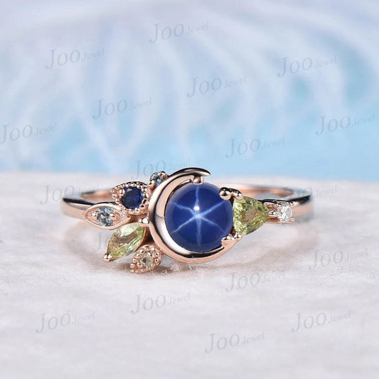 Round Star Sapphire Engagement Ring Moon Wedding Ring Personalized Peridot Milgrain Multi-Stone Cluster Engagement Ring Unique Promise Ring