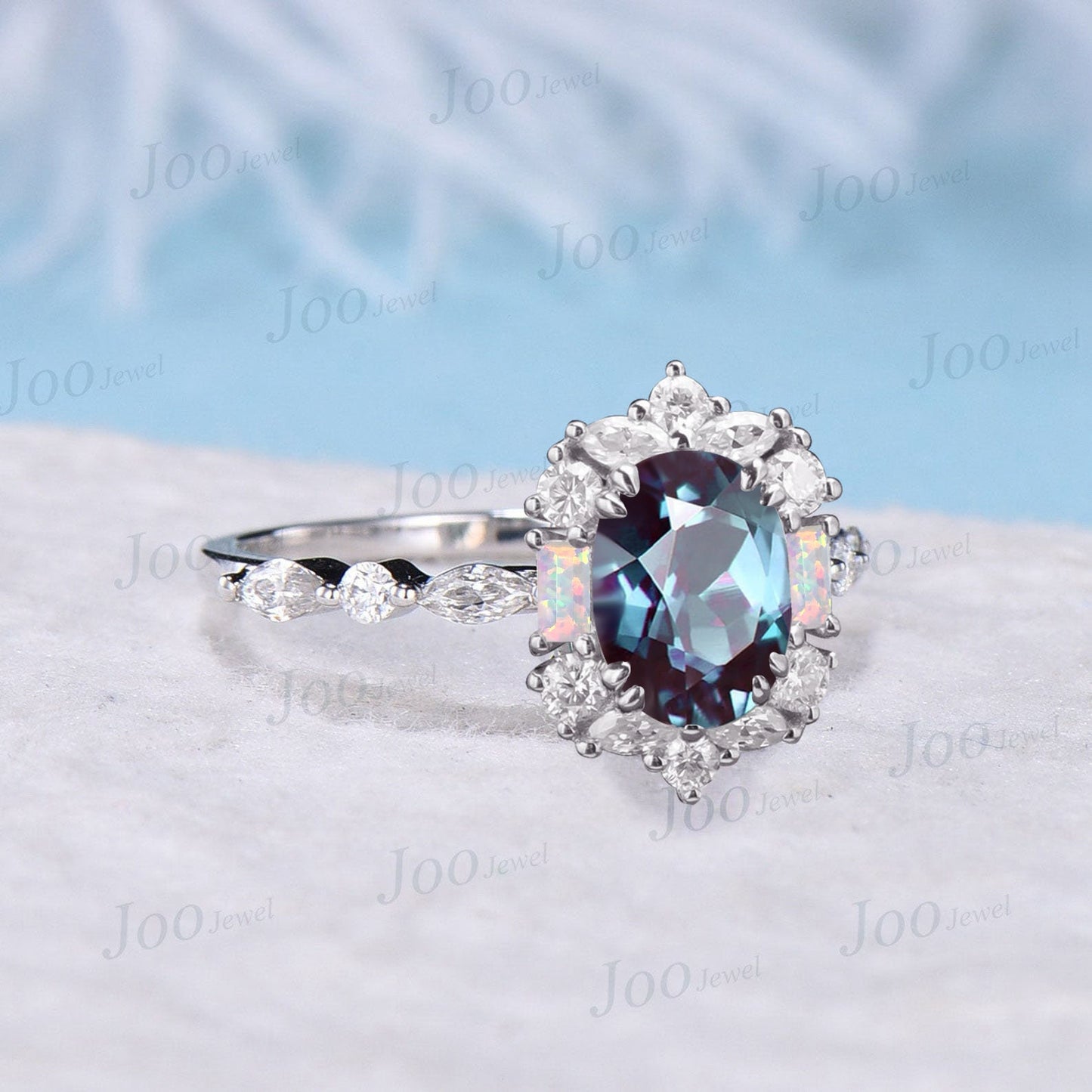 Oval Alexandrite Ring Unique Half Eternity Alexandrite Engagement Ring 10K White Gold Halo Moissanite Opal Ring Modern Unique Promise Gift