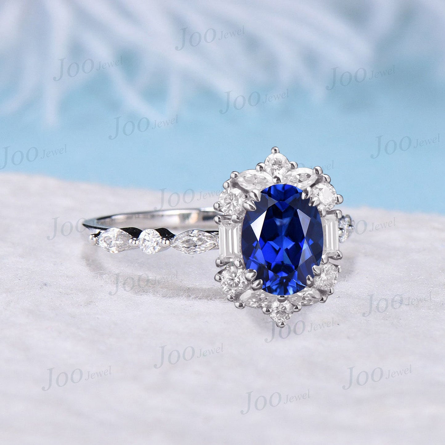 1.5ct Oval Blue Sapphire Ring 10K White Gold Halo Moissanite Blue Sapphire Engagement Ring Luxury Wedding Ring September Birthstone Gifts