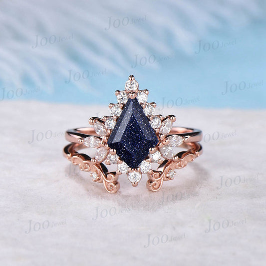 Kite Cut Galaxy Starry Night Blue Sandstone Half Eternity Engagement Ring Set Moissanite Cluster Ring Vintage Pattern Open Cuff Wedding Band