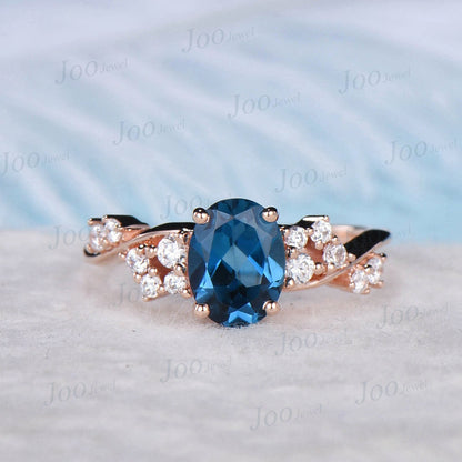 Natural London Blue Topaz Ring 1.5ct Oval Snowdrift Engagement Ring Rose Gold Topaz Cluster  Blue Wedding Ring Vintage Anniversary Ring Gift