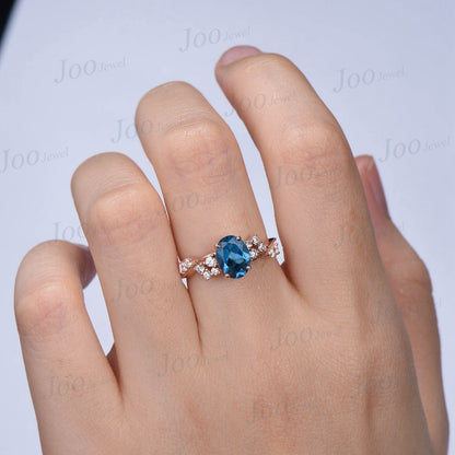 Natural London Blue Topaz Ring 1.5ct Oval Snowdrift Engagement Ring Rose Gold Topaz Cluster  Blue Wedding Ring Vintage Anniversary Ring Gift