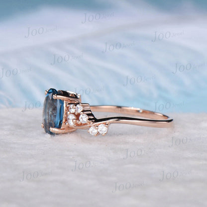 Natural London Blue Topaz Ring 1.5ct Oval Snowdrift Engagement Ring Rose Gold Topaz Cluster  Blue Wedding Ring Vintage Anniversary Ring Gift