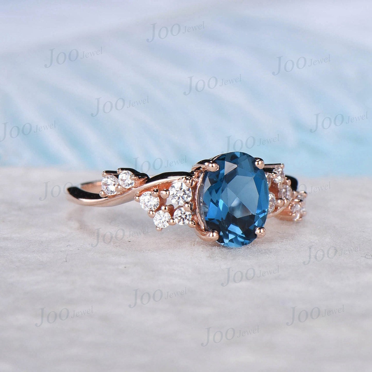 Natural London Blue Topaz Ring 1.5ct Oval Snowdrift Engagement Ring Rose Gold Topaz Cluster  Blue Wedding Ring Vintage Anniversary Ring Gift