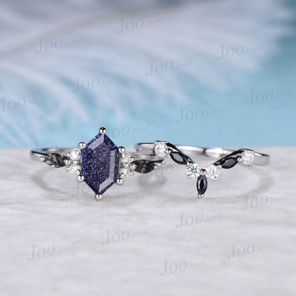 Hexagon Cut Blue Sandstone Engagement Ring Set Platinum Ring Vintage Marquise Black Rutile Crystal Ring Unique Black Wedding Ring Set Women