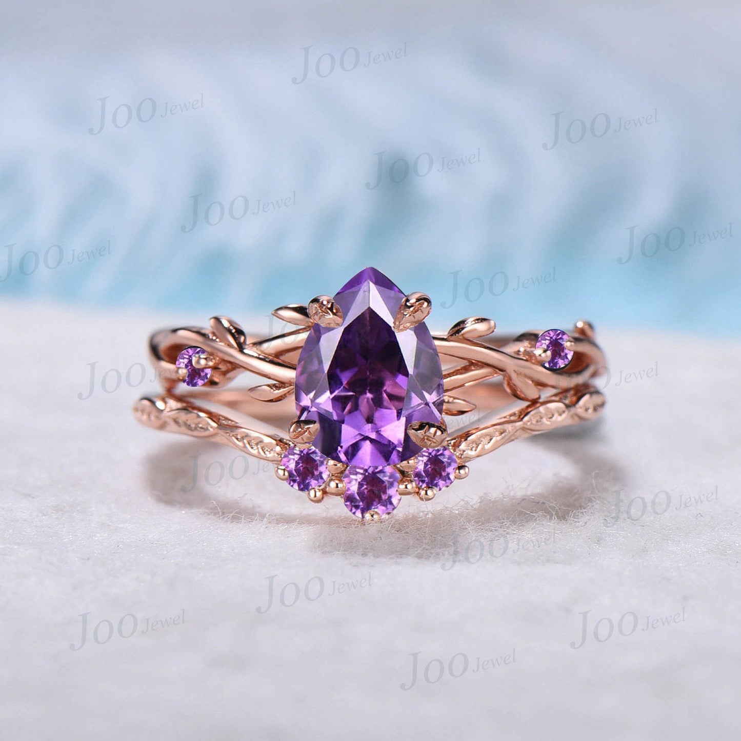 1.25ct Nature Inspired Twig Pear Amethyst Crystal Engagement Ring Set Purple Gemstone Jewelry Branch Vine Natural Purple Wedding Ring Set