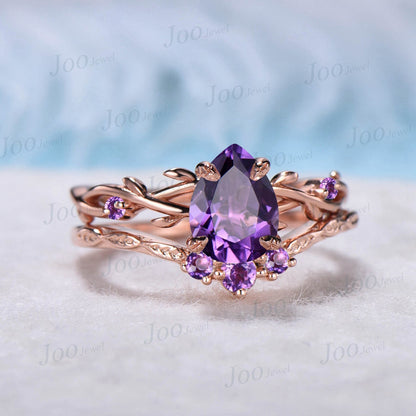 1.25ct Nature Inspired Twig Pear Amethyst Crystal Engagement Ring Set Purple Gemstone Jewelry Branch Vine Natural Purple Wedding Ring Set