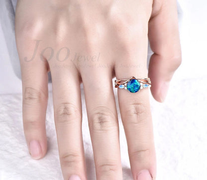 7mm Round Blue Opal Engagement Ring Set Rose Gold Vintage Marquise Moonstone Engagement Ring Opal Ring For Women Unique Wedding Ring Set
