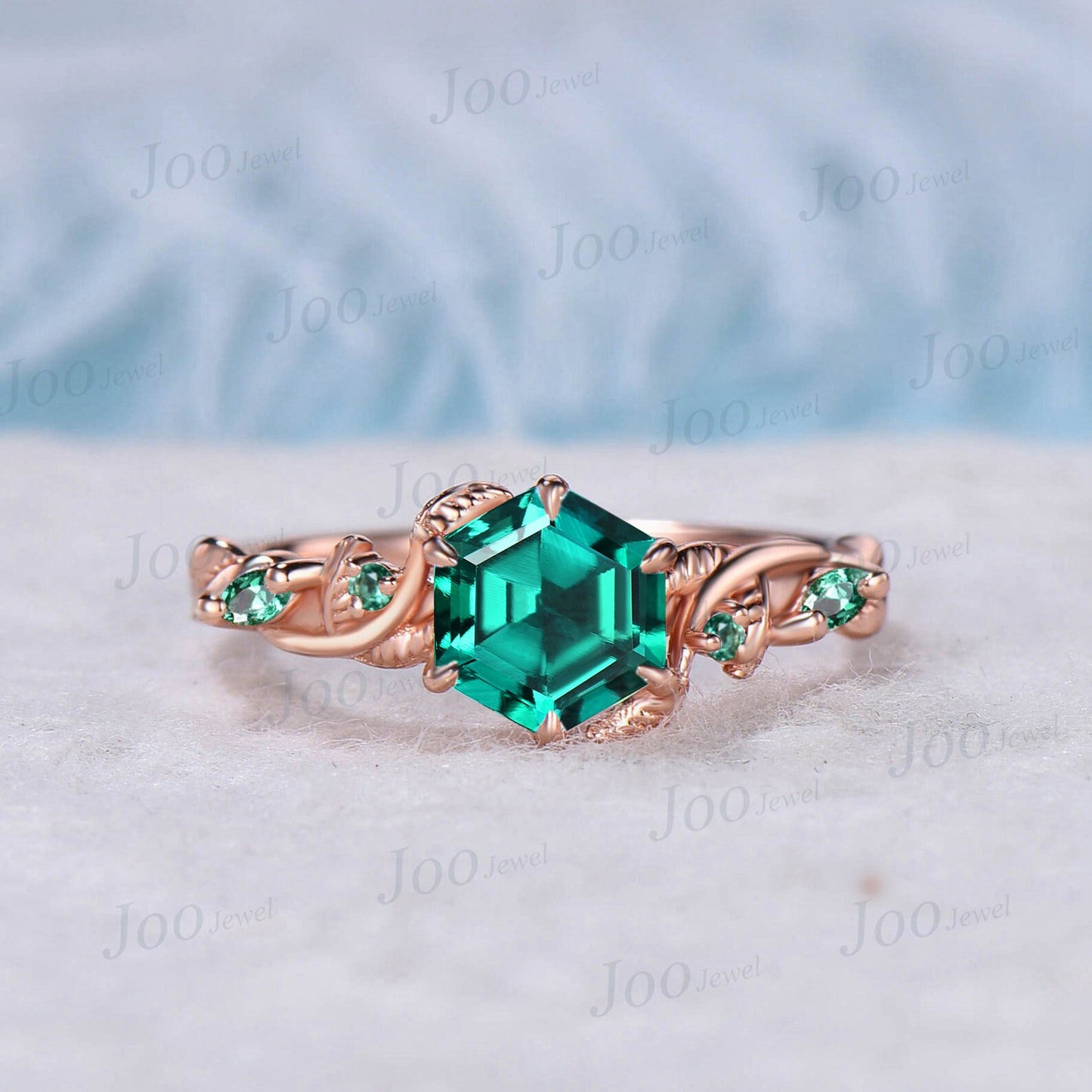 Nature Inspired Green Emerald Engagement Ring Set May Birthstone Wedding Ring 14K Rose Gold Handmade Twisted Branch Hexagon Gemstone Ring