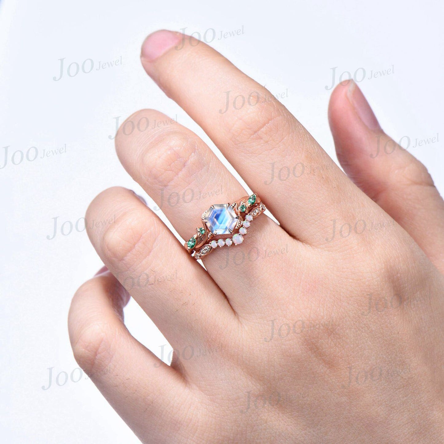 Twisted Branch 1CT Hexagon Cut Natural Moonstone Emerald Ring Set June Birthstone Wedding Ring Handmade Nature Inspired Opal Moissanite Ring