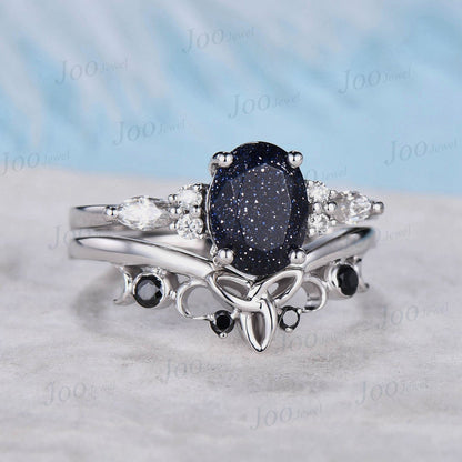 1.5ct Oval Starry Sky Blue Sandstone Engagement Ring Set 14K White Gold Silver Vintage Black Diamond Promise Ring Moissanite Wedding Ring
