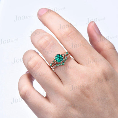 Nature Inspired Green Emerald Engagement Ring Set May Birthstone Wedding Ring 14K Rose Gold Handmade Twisted Branch Hexagon Gemstone Ring