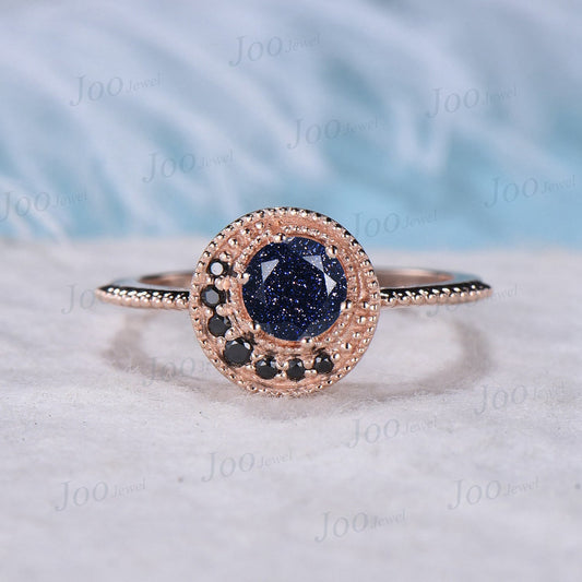 Full Moon Round Galaxy Blue Sandstone Engagement Ring Moon Star Ring Milgrain Ring Black Gemstone Ring Unique Promise/Anniversary Gift Women