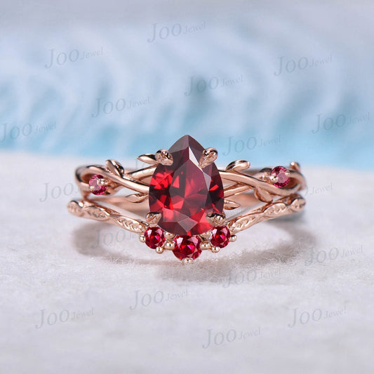 Nature Inspired Vine Twist Pear Red Ruby Ring Set Rose Gold Red Gemstone Engagement Ring Set July Birthstone Bridal Set Unique Promise Gift