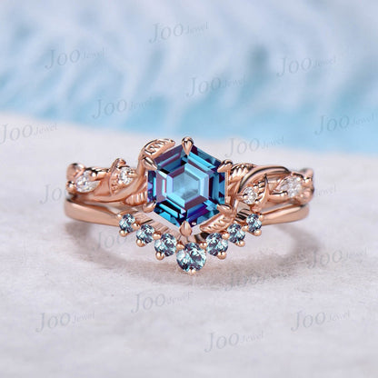 1ct Hexagon Cut Nature Inspired Alternative Alexandrite Engagement Ring Set Vine Branch Twig Moissanite Ring Unique Anniversary Bridal Ring