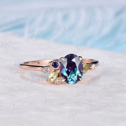 1.5ct Oval Alexandrite Cluster Ring,Customized Birthstone,Peridot,Blue Sapphire,Topaz,Unique Birthday Anniversary Gift,June Birthstone Ring