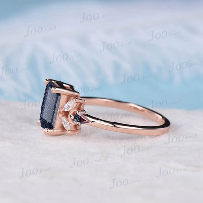 2ct Emerald Cut Galaxy Blue Sandstone Engagement Ring Blue Gemstone Jewelry Vintage Cluster Kite Alexandrite Ring Personalized Gift Women