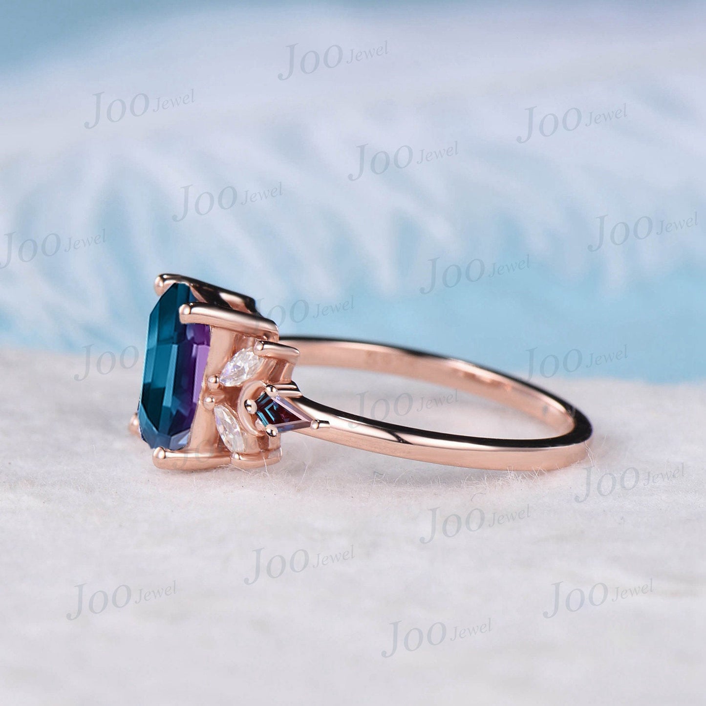 2ct Emerald Cut Color-Change Alexandrite Engagement Ring Vintage Cluster Kite Alexandrite Ring Personalized June Birthstone Gift for Women