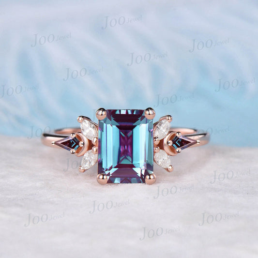 2ct Emerald Cut Color-Change Alexandrite Engagement Ring Vintage Cluster Kite Alexandrite Ring Personalized June Birthstone Gift for Women