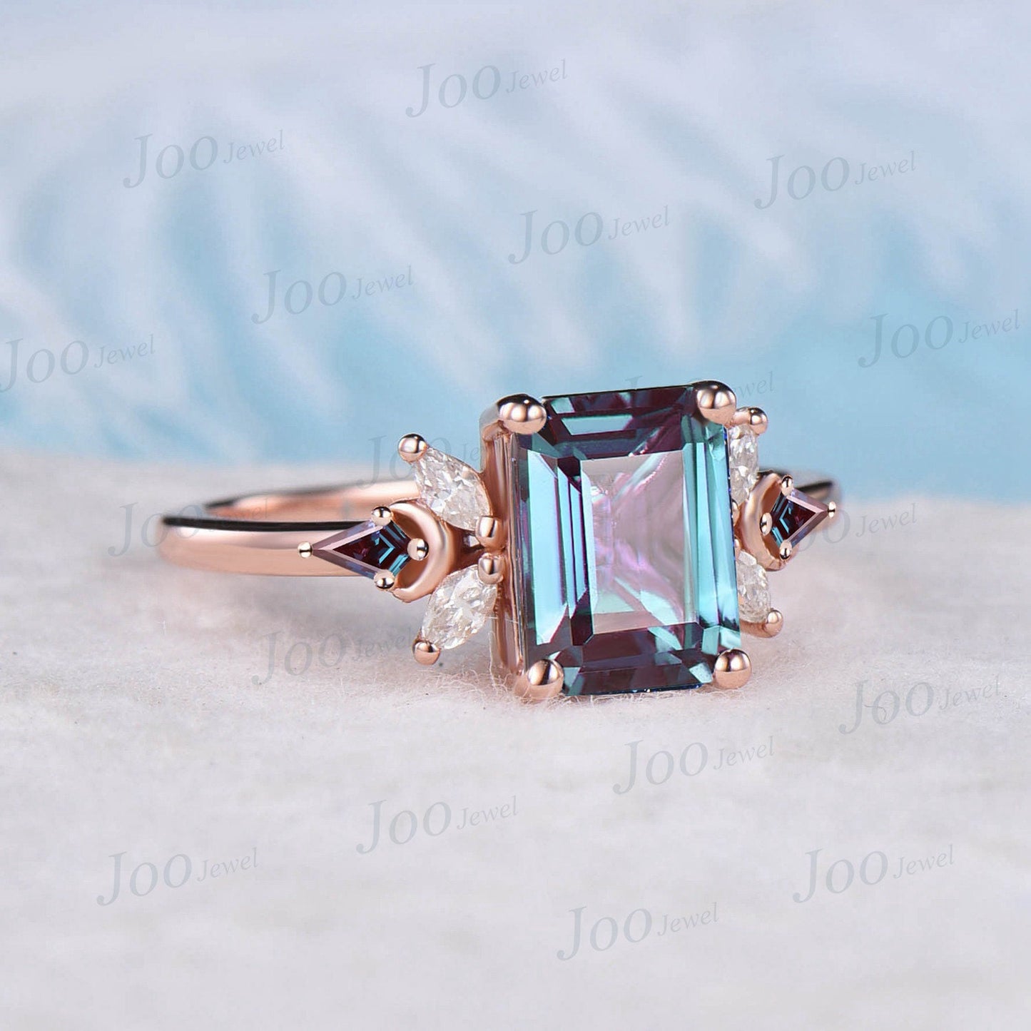 2ct Emerald Cut Color-Change Alexandrite Engagement Ring Vintage Cluster Kite Alexandrite Ring Personalized June Birthstone Gift for Women